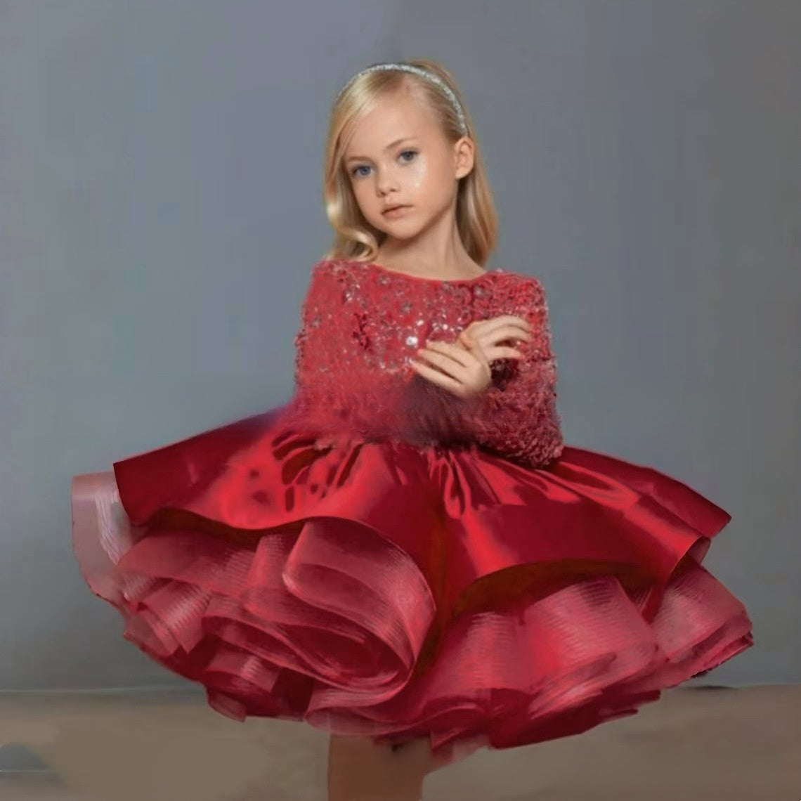 Long Sleeve Sequin & Tulle Princess Gown