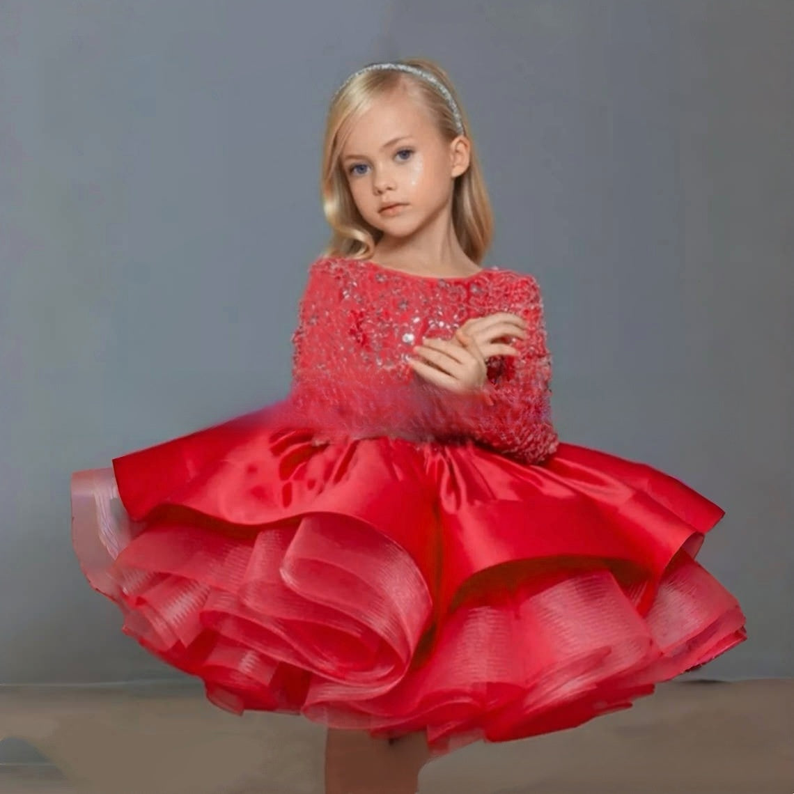 Long Sleeve Sequin & Tulle Princess Gown