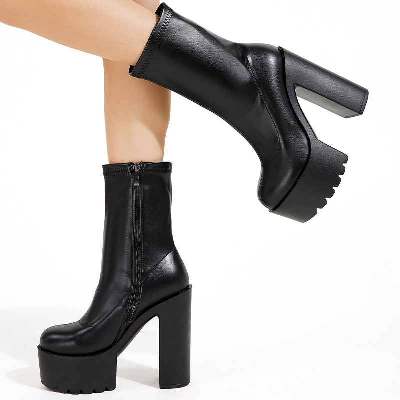 Platform Block Heel Boots: Women's Spring New High Heels