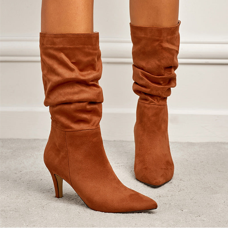 Chic Pleated Stiletto Medium Boots: Spring & Autumn