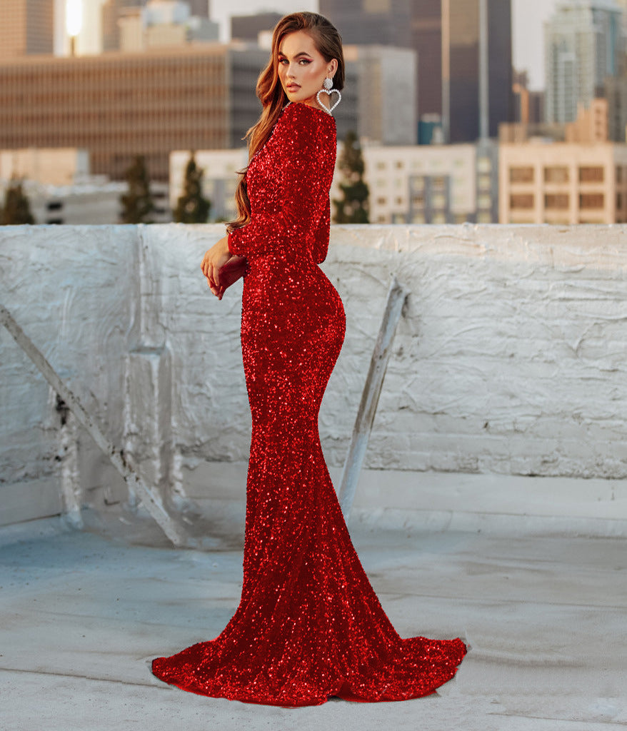 Sexy Long Sleeve Sequin Dress: Trailing Slit Banquet Evening