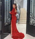 Sexy Long Sleeve Sequin Dress: Trailing Slit Banquet Evening