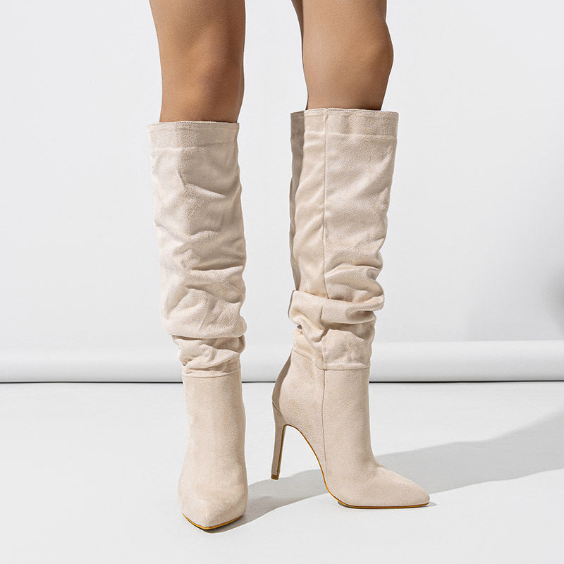 Chic Natural Crinkled Suede Stiletto Boots: Women's Spring Fashion