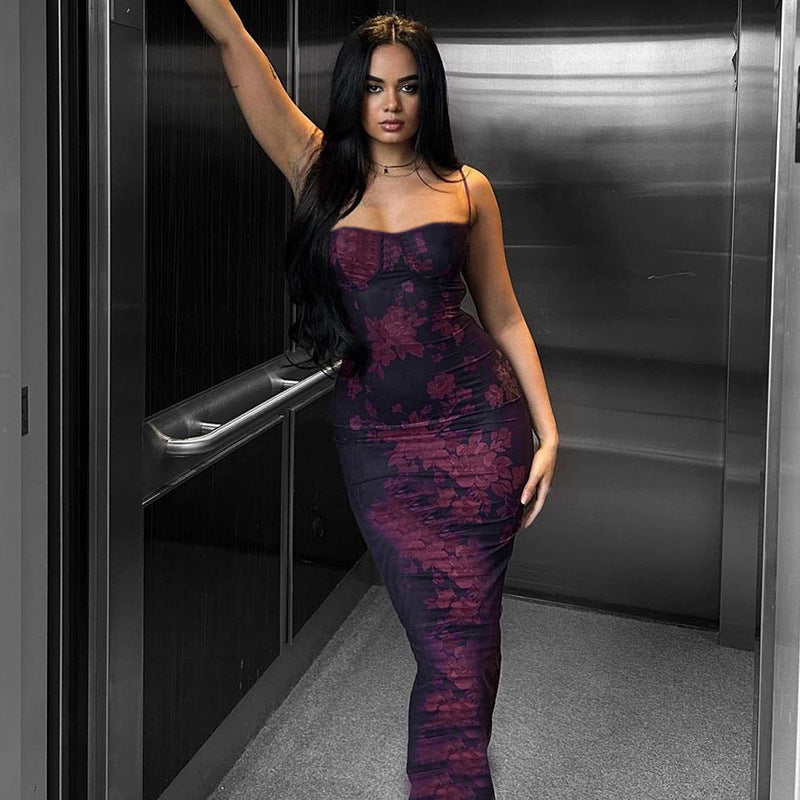 Floral Print Long Skirt: Slim Waist Dress