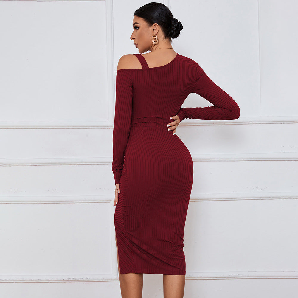 Slit off-the-Shoulder Autumn and Winter Hip Wrap Long Sleeve Sexy Dress