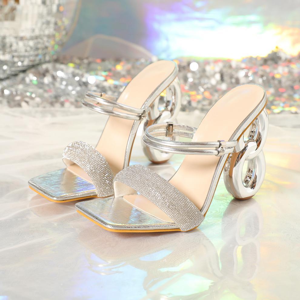 Stylish Strappy High Heels: Silver Figure 8 Block Heels