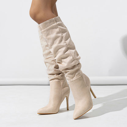 Chic Natural Crinkled Suede Stiletto Boots: Women's Spring Fashion