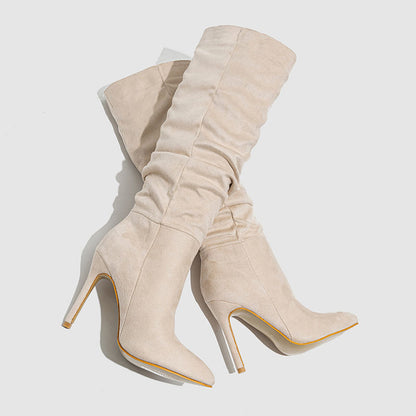 Chic Natural Crinkled Suede Stiletto Boots: Women's Spring Fashion