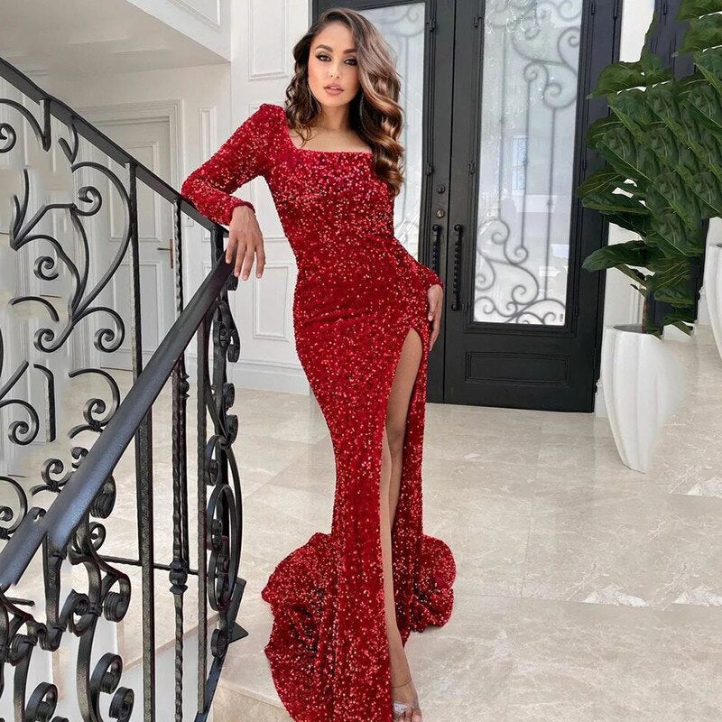 Sexy Long Sleeve Sequin Dress: Trailing Slit Banquet Evening