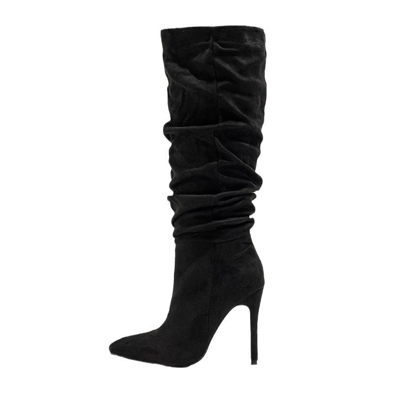 Chic Natural Crinkled Suede Stiletto Boots: Women's Spring Fashion