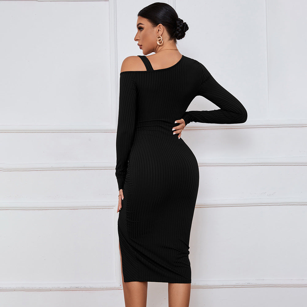 Slit off-the-Shoulder Autumn and Winter Hip Wrap Long Sleeve Sexy Dress