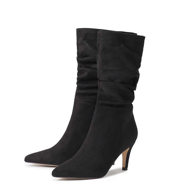 Chic Pleated Stiletto Medium Boots: Spring & Autumn
