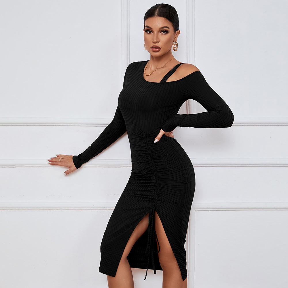 Slit off-the-Shoulder Autumn and Winter Hip Wrap Long Sleeve Sexy Dress