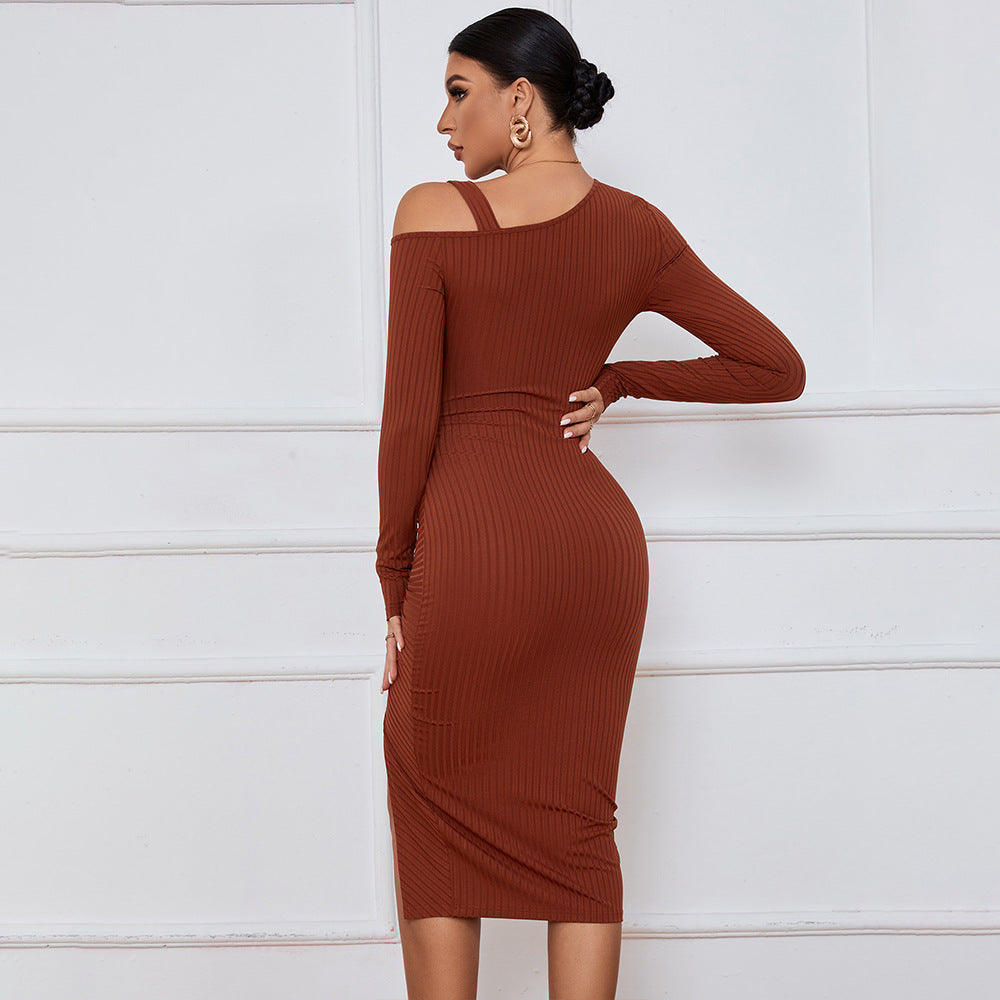 Slit off-the-Shoulder Autumn and Winter Hip Wrap Long Sleeve Sexy Dress