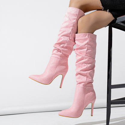 Chic Natural Crinkled Suede Stiletto Boots: Women's Spring Fashion