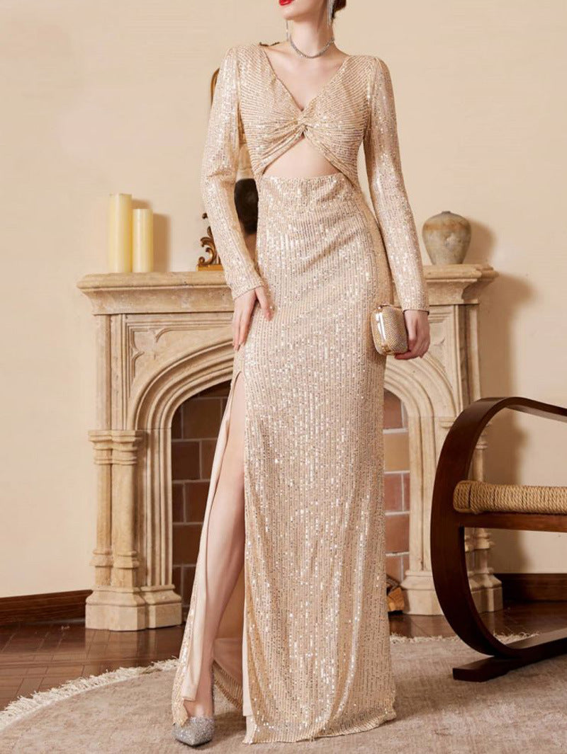 Sexy Temptation Sequin Long-Sleeved  Banquet Dress