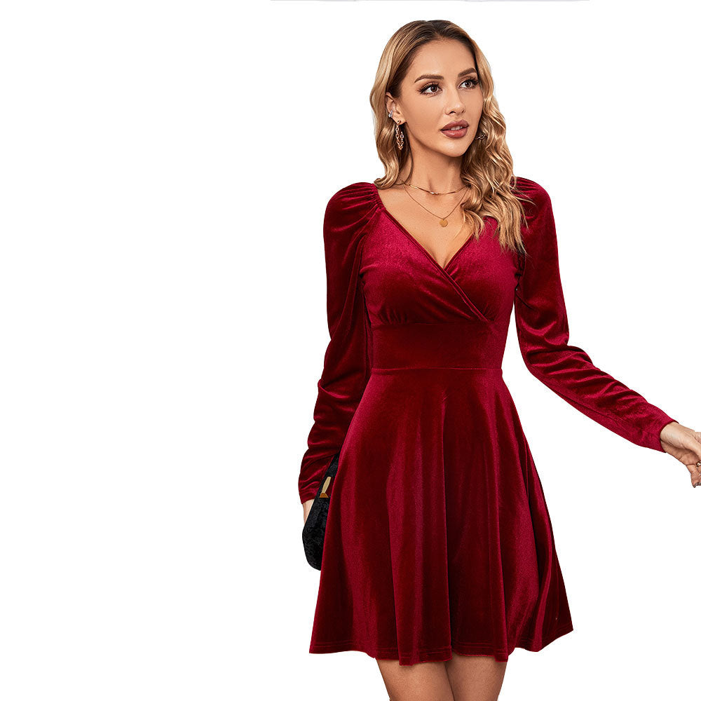 Velvet V-Neck Banquet Skirt: Autumn & Winter Elegance