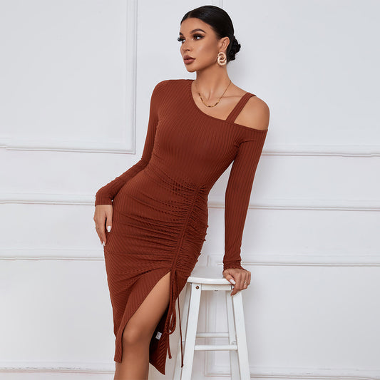 Slit off-the-Shoulder Autumn and Winter Hip Wrap Long Sleeve Sexy Dress