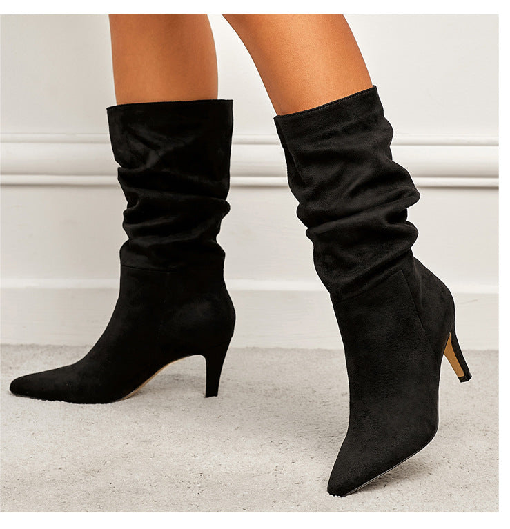 Chic Pleated Stiletto Medium Boots: Spring & Autumn