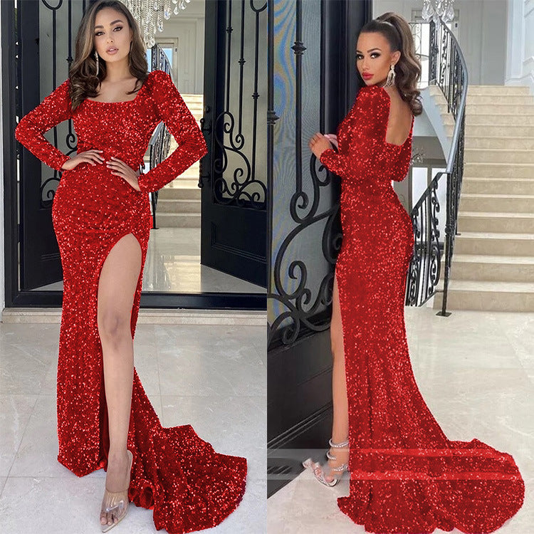 Sexy Long Sleeve Sequin Dress: Trailing Slit Banquet Evening