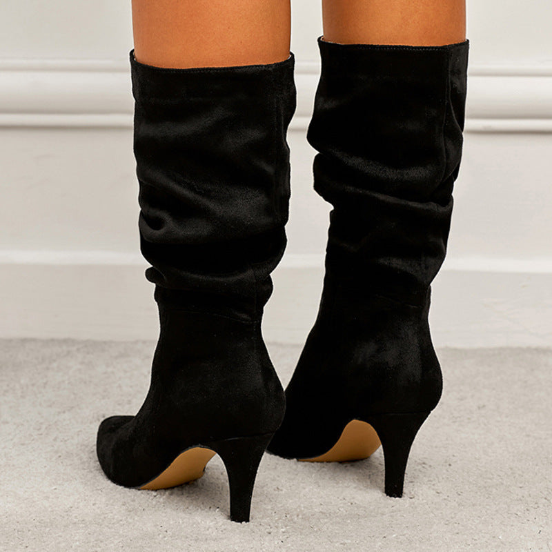 Chic Pleated Stiletto Medium Boots: Spring & Autumn